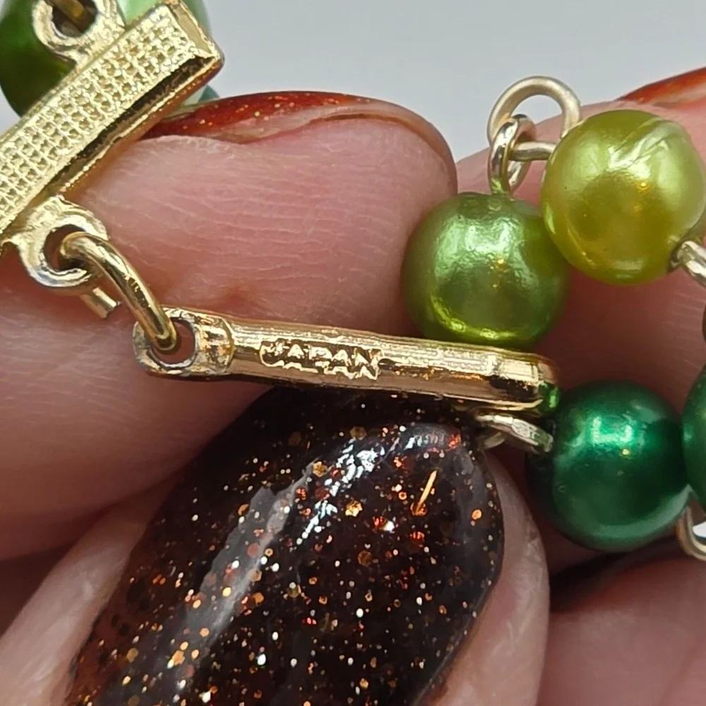 JAPAN Triple Strand Beaded Necklace Green Faux‎ Pearls Rhinestone Clasp Vintage
